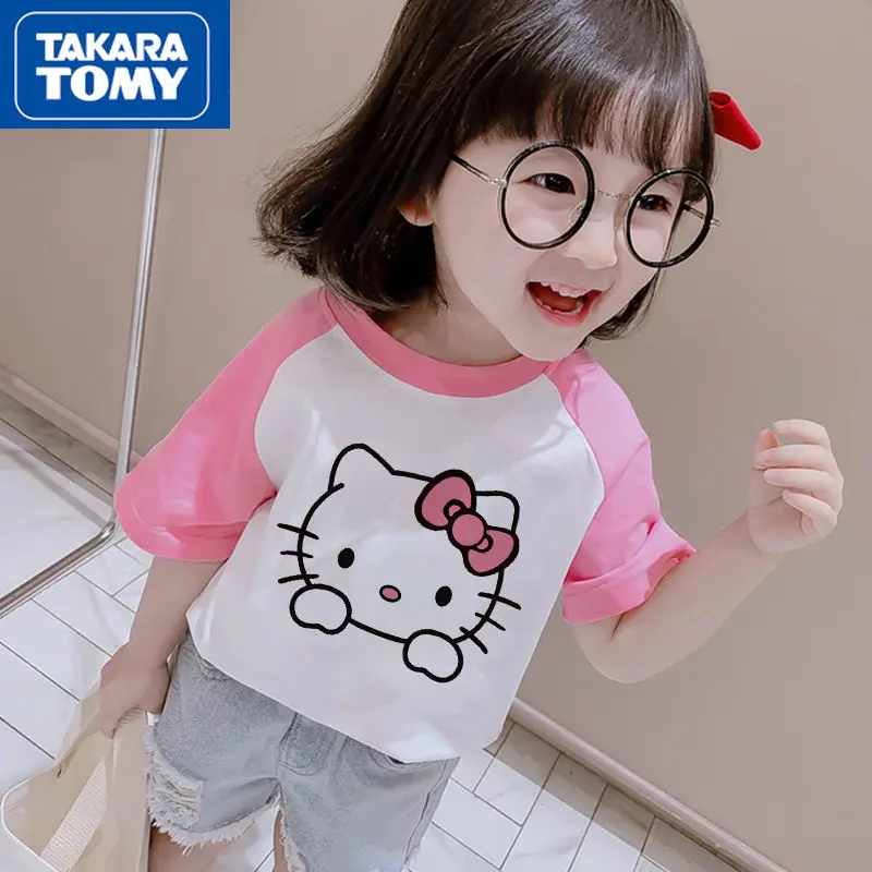 

TAKARA TOMYK Girls Summer Hello Kitty Short-sleeved T-shirt Children's Half-sleeved Round Neck Bottoming Shirt Absorbent Top