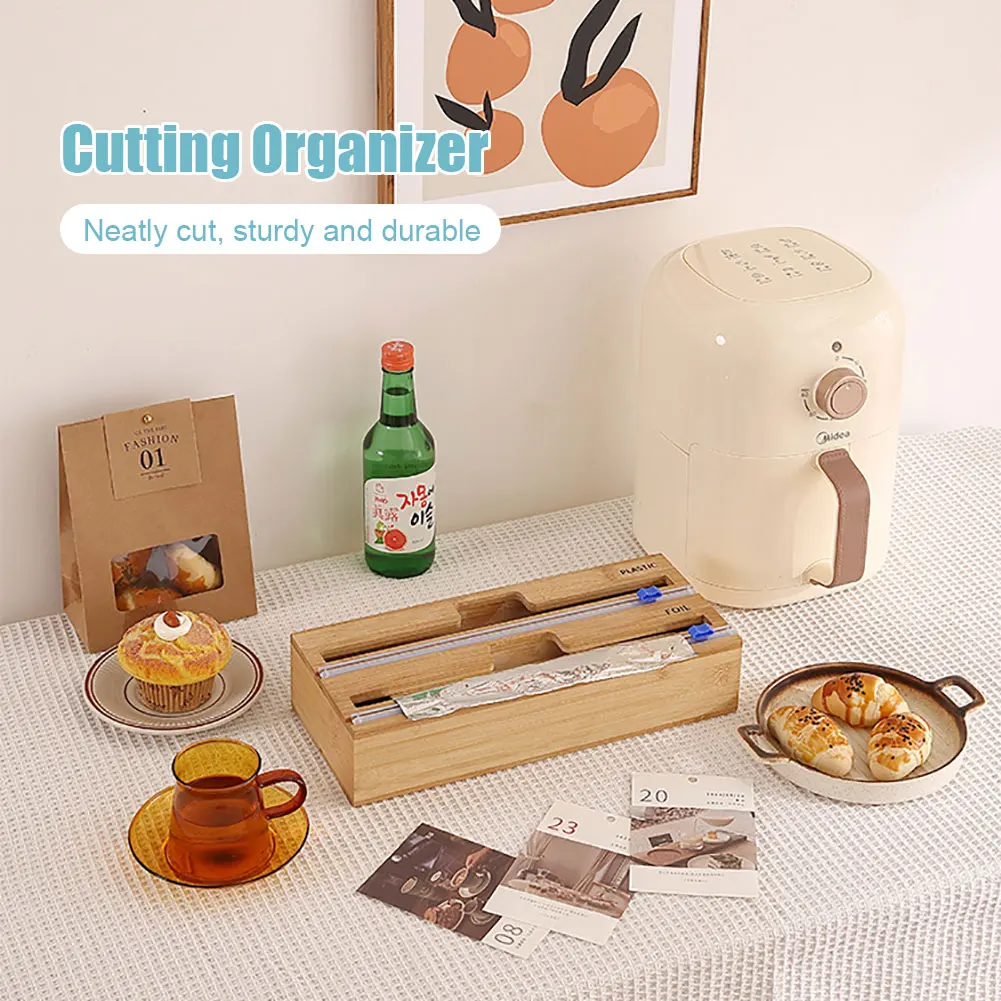

Bamboo Wood Wrap Dispenser Cutter Food Wrap Cling Film Holder Organizer Paper Parchment Storage Cutting Box Kitchen Supplies