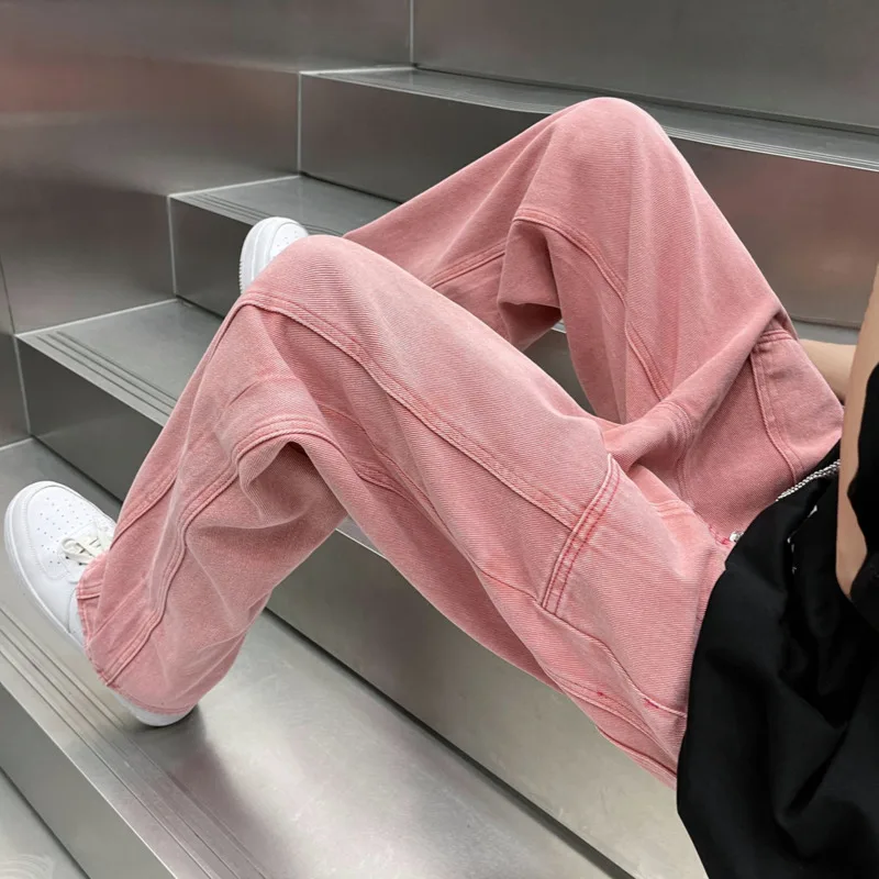 Baggy Pink Jeans Men's Fashion Harajuku Casual Straight Jeans Men Streetwear Loose Hip Hop Denim Pants Mens Trousers S-3XL