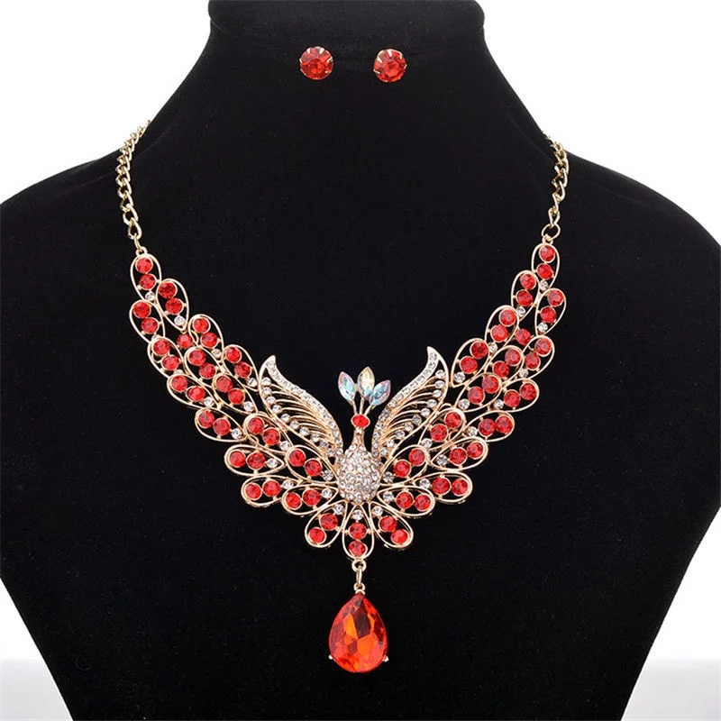 Ethnic Style Retro Time Peacock Necklace Earrings Set Girls Exaggerated Performance Dance Accessories  For Women