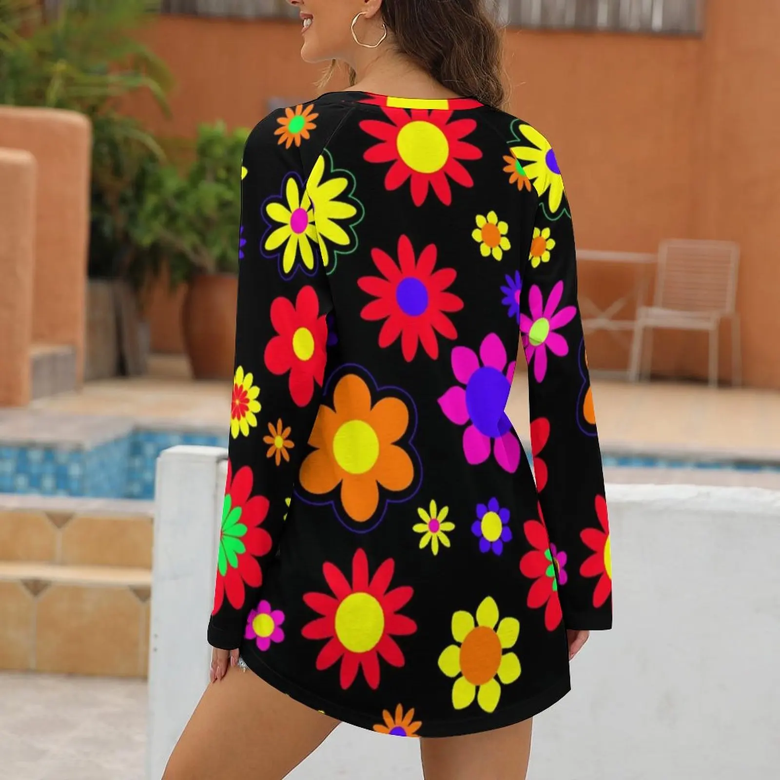 Футболка женская оверсайз с длинным рукавом Элегантная Модная рубашка цветочным