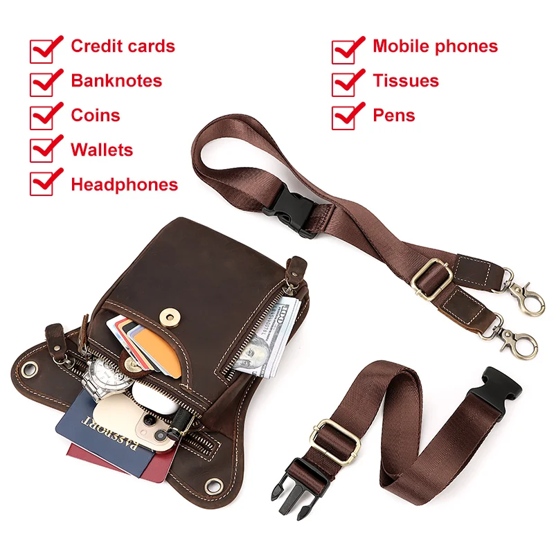 HUMERPAUL Crazy Horse Leather Man Belt Pouch Small Shoulder Bag Fashion Male Waist Bags Multifunction Travel Fanny Pack Leg Bag