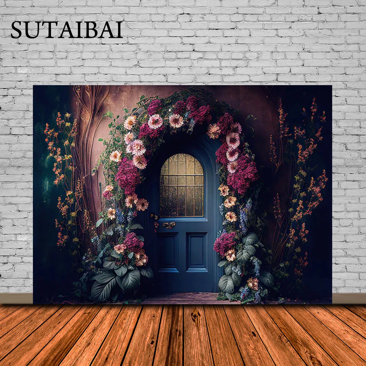 

Photography Background Vintage Blue Door Flowers Kids Birthday Cake Smash Wedding Portrait Decor Photo Backdrop Studio