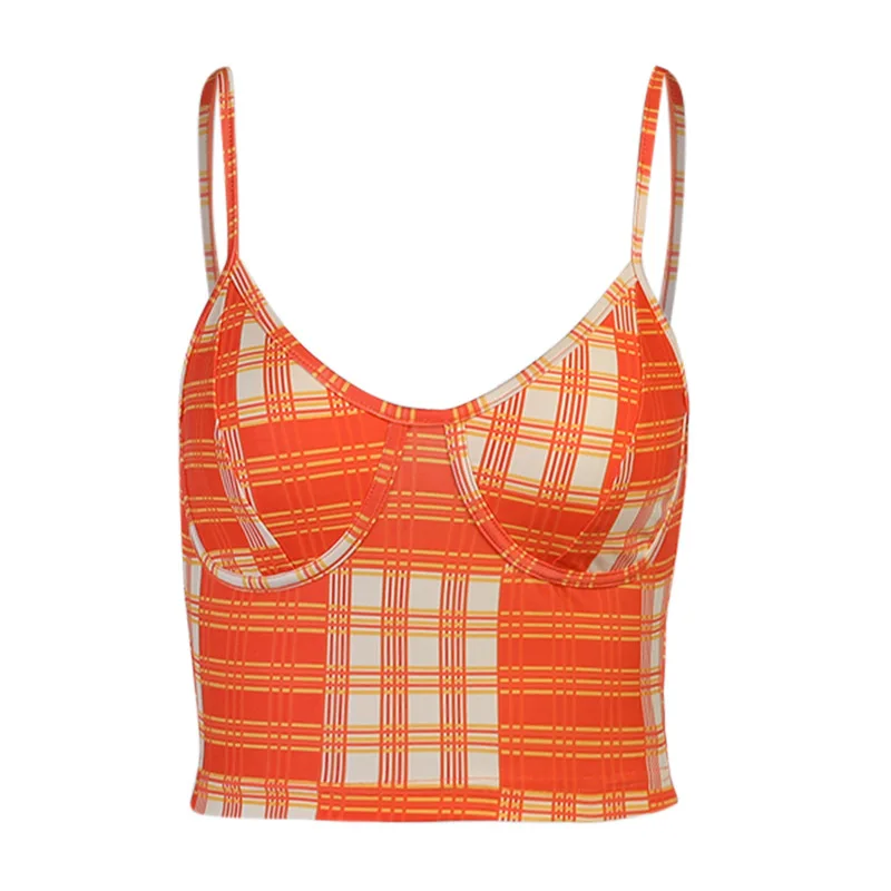 

Tops Women Spaghetti Strap Tanks Plaid Print Camisoles Y2k Top Hot Erotic Clothes Slim Sweet Blouse Femme High Streetwear Orange