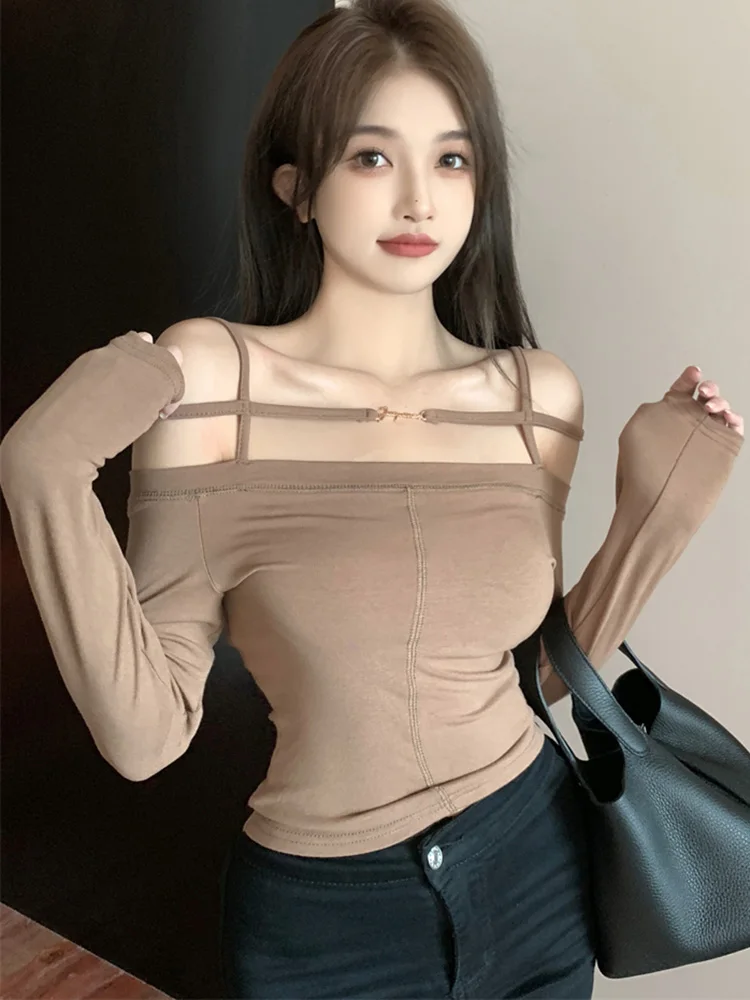 

Sexy Crop Tops Tees Spring Slim Fit Slash Neck With Bare Shoulders Bare Back Solid Color Full Sleeve Women Short T-Shirts