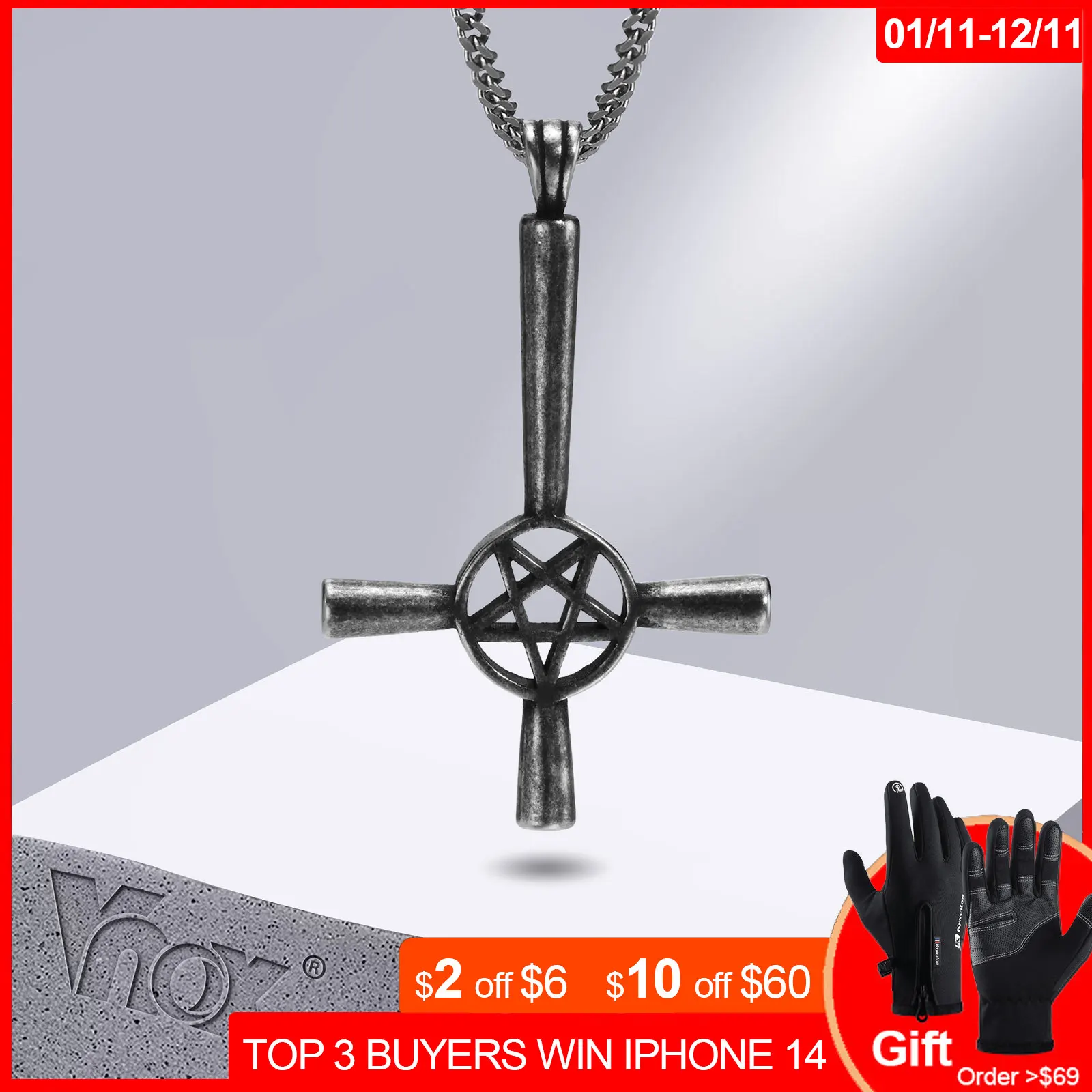 

Vnox Men Inverted Cross Necklaces, Upside Down Cross Satan David Star Pendant with Cuban Chain, Vintage Retro Boy Collar