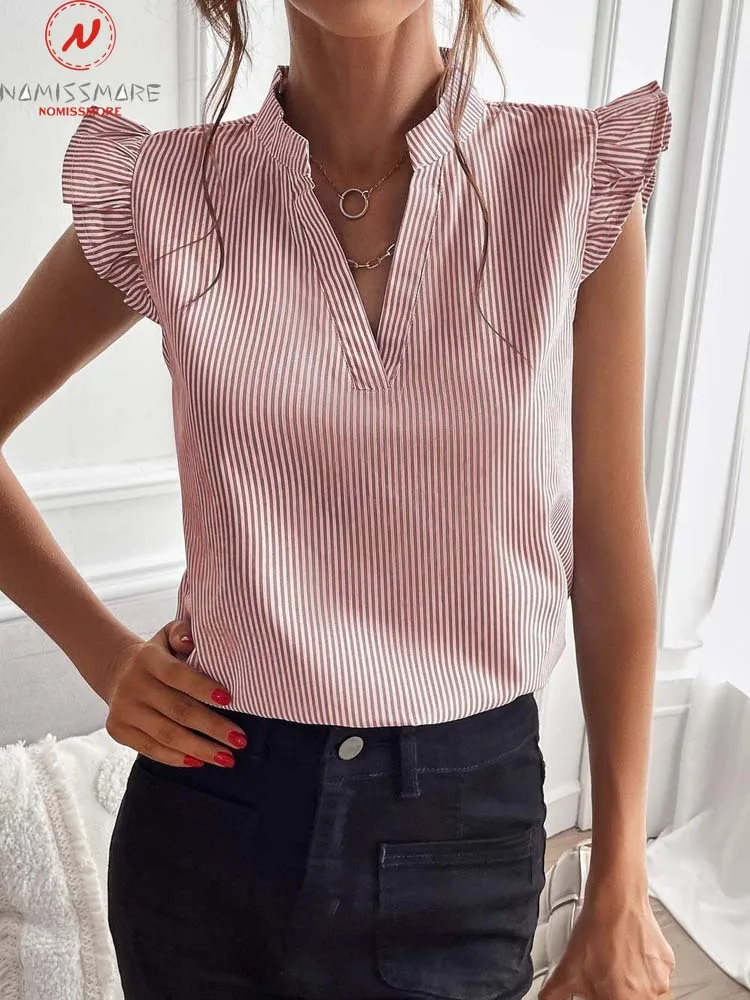 

Модные женские летние полосатые футболки с принтом пэчворк дизайн оборки Декор V-образный вырез лепесток короткий рукав тонкий пуловер Топ