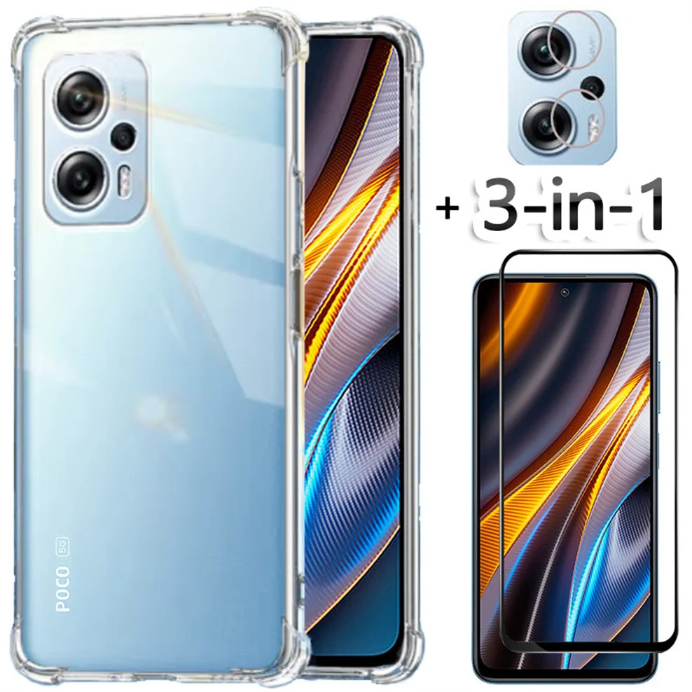 

3-in-1, glass+case for poco x4 gt soft clear shockproof silicone phone cases poco f4 5g xiaomi poco x 4 pro cover poco x4gt case
