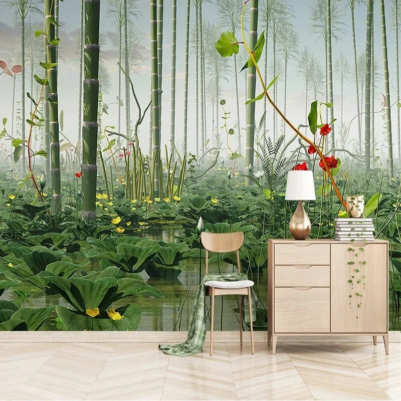

Custom Photo Wallpaper Chinese Style 3D Lotus Bamboo Forest Landscape Mural Living Room Bedroom Background Wall Papel De Parede