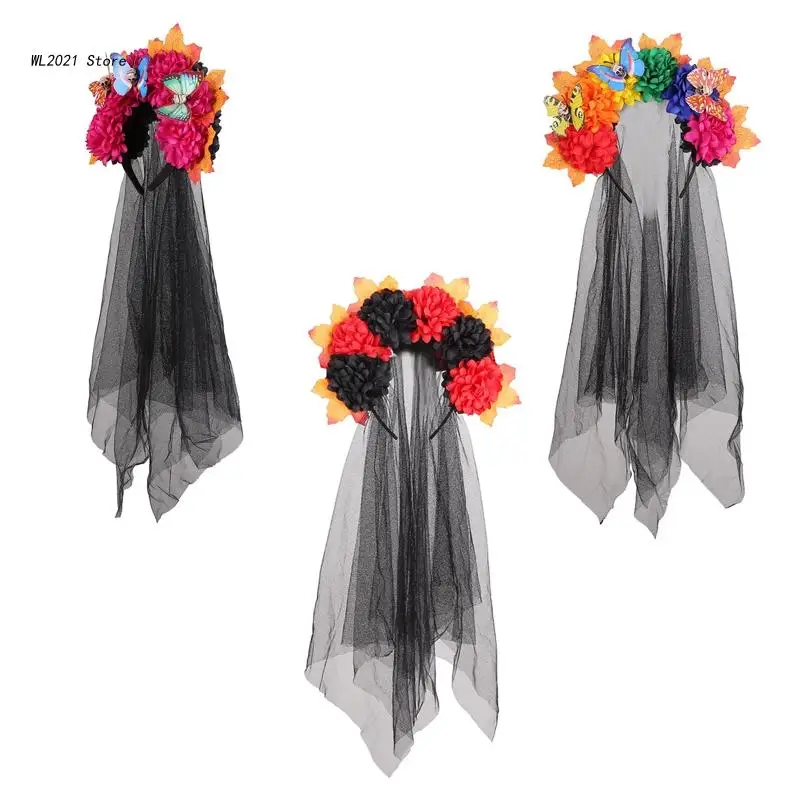 

Gothic Flower Shape Headband for Women Handmade Thin Hair Hoops with Black Veil Decor Hair Band Wedding Accessories