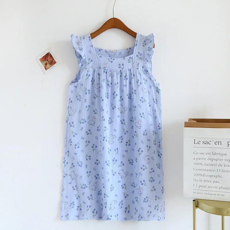2023 Summer New Women's Sleeping Dress 100% Cotton Crepe Women's Tank Top Dress Cute Sweet Slim Slim Loose Size Home Dress