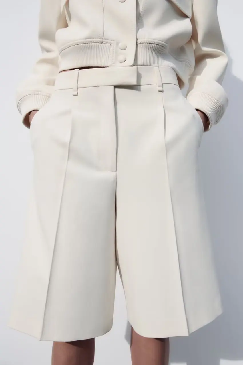 2023 New Spring Unisex Style Women Sets Solid Pockets Top Half Shorts Streetwear Fashion Pleated Design Capris Casual Shorts