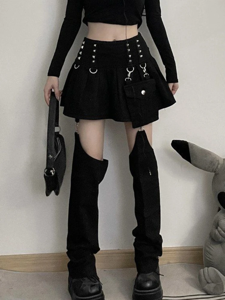 

Y2K Hollow Out Trouser Legs Black High Waist Denim Skirt 2023 Summer 90s Riveted Kpop Pleated Mini Skirt Women Gothic Streetwear