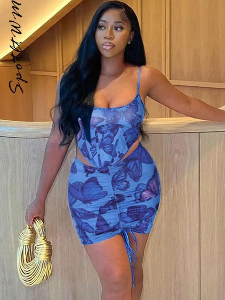 

Костюм с мини-юбкой на завязках с принтом, пикантный модный топ без рукавов с открытой спиной и юбка, уличный костюм из 2 предметов, на лето