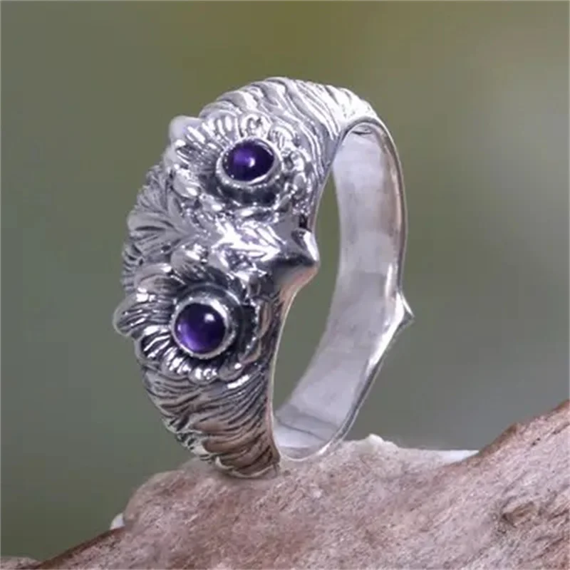 

Cute Elegant Silver Colors Owl Rings for Women Trendy Metal Inlaid Animal Purple Stone Wedding Ring Engagement Jewelry