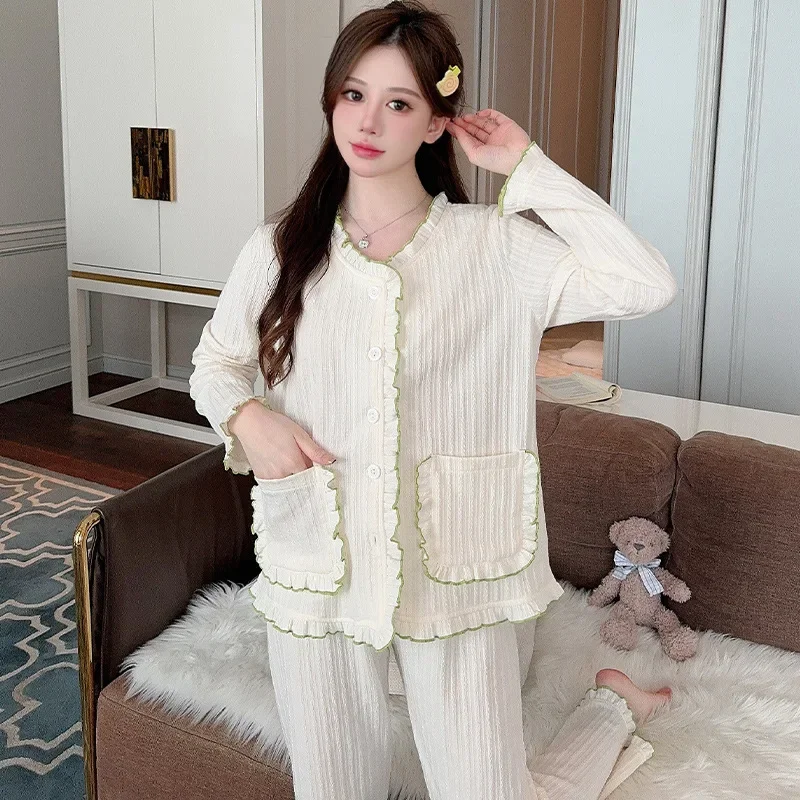 Корейский стиль женский легкий повседневный пижамный костюм с длинными рукавами