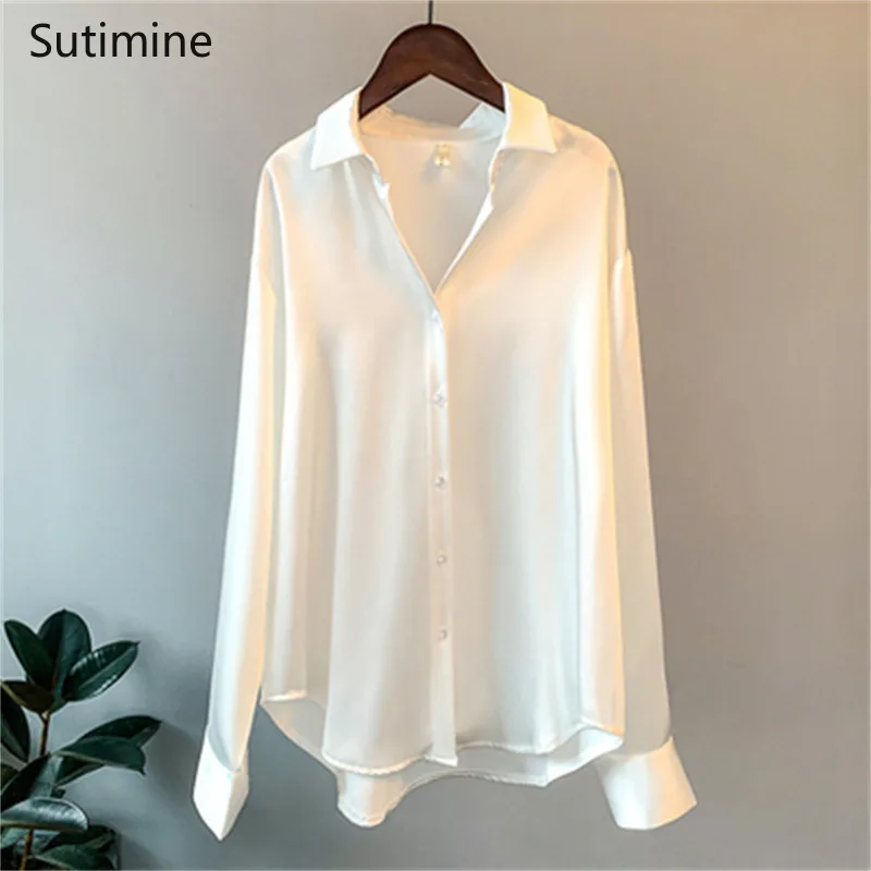 

White Shirt Autumn New Style Top High Sense Light Luxury Acetate Satin Wrinkle Resistant Shirt Polo Neck Elegant Commuter Blouse