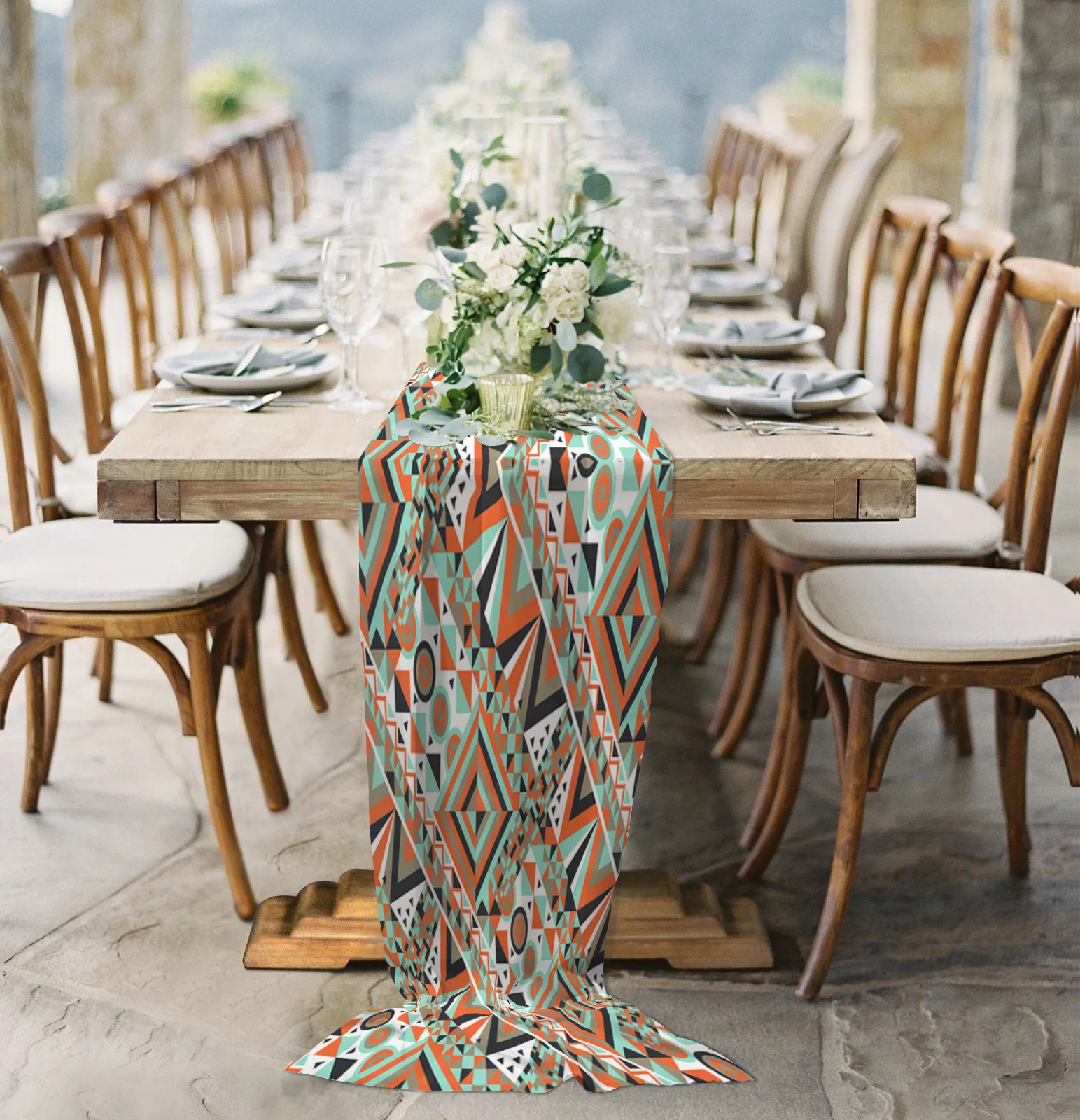 

Geometric Patterns Splicing Colorful Sheer Chiffon Table Runner Wedding Party Birthday Luxury Voile Tablecloth Home Decoration
