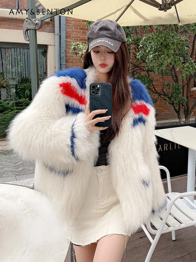 Autumn and Winter New Wool Woven Fur Coat for Female Contrast Color Fashion Wool Coat Ladies High Brand Wool Jackets Women