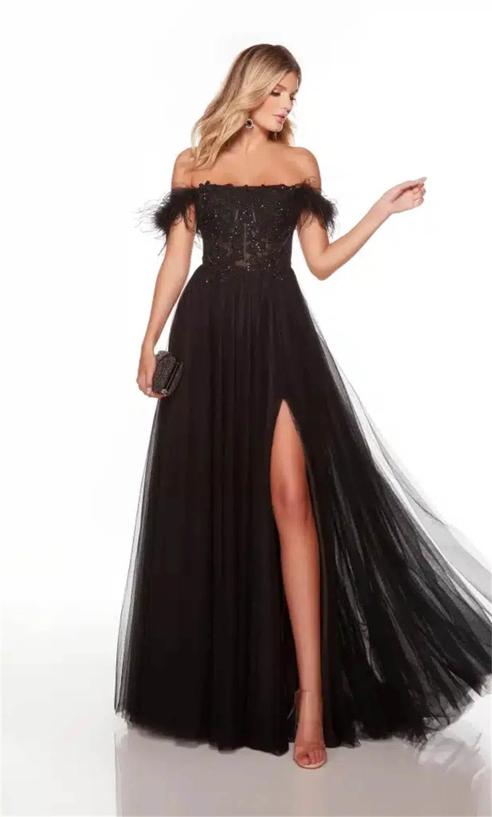 

Black Sequin Lace Prom Evening Dresses Shoulder Feather Embellished Multi Layers Tulle Applique High Split Party Dress 2023