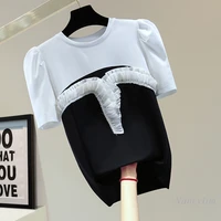 contrast color pleated stitching puff sleeve t shirt femme 2022 summer korean style loose round neck white black top