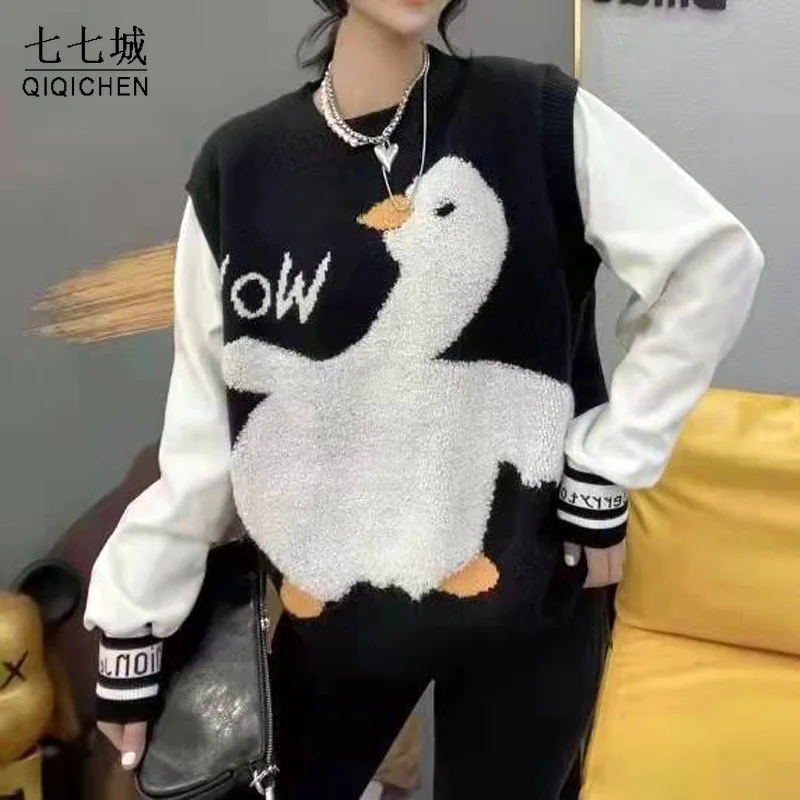 Жилет вязаный для мужчин и женщин Безрукавка вязаная с мультяшным рисунком утки