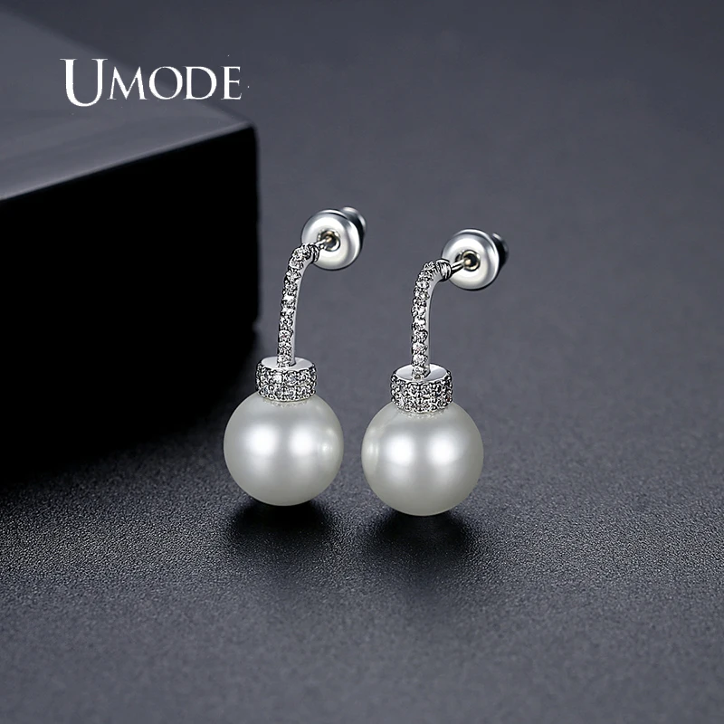 

UMDOE New Fashion Pearl Jewelry Stud Earrings for Women White Gold Color CZ Boucle D'Oreille Femme Bijoux Drop Shipping UE0808