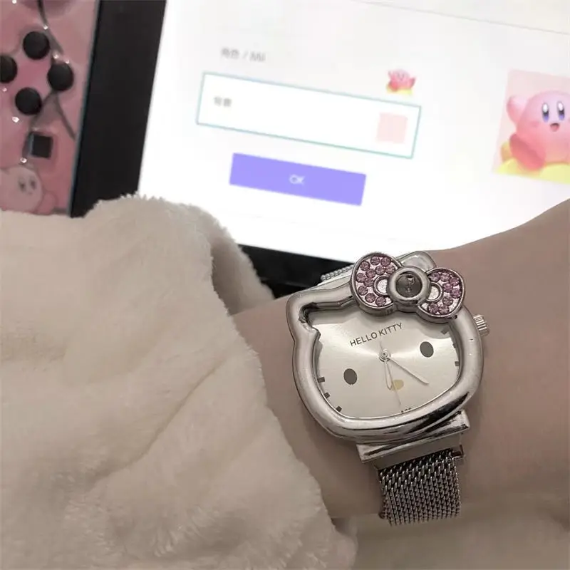 

Часы Hello Kitty в стиле японской Девушки в мягком стиле Hello Kitty женские студенческие Серебристые розовые стразы