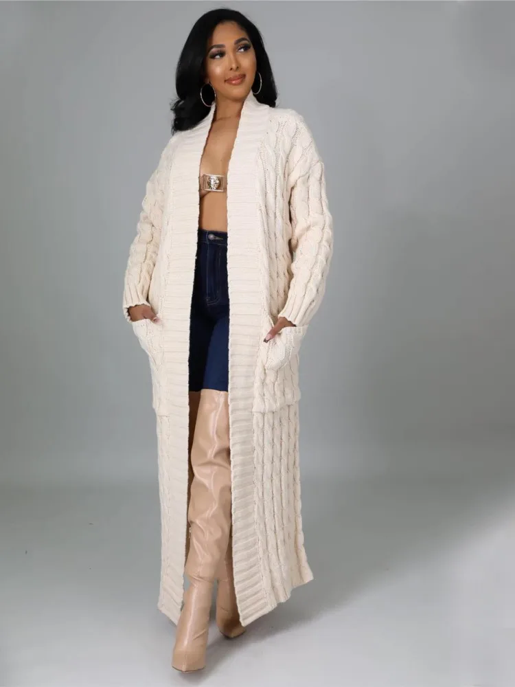 

Женский однотонный вязаный кардиган, элегантный повседневный теплый длинный жакет с длинными рукавами и карманами, верхняя одежда, осень 2023