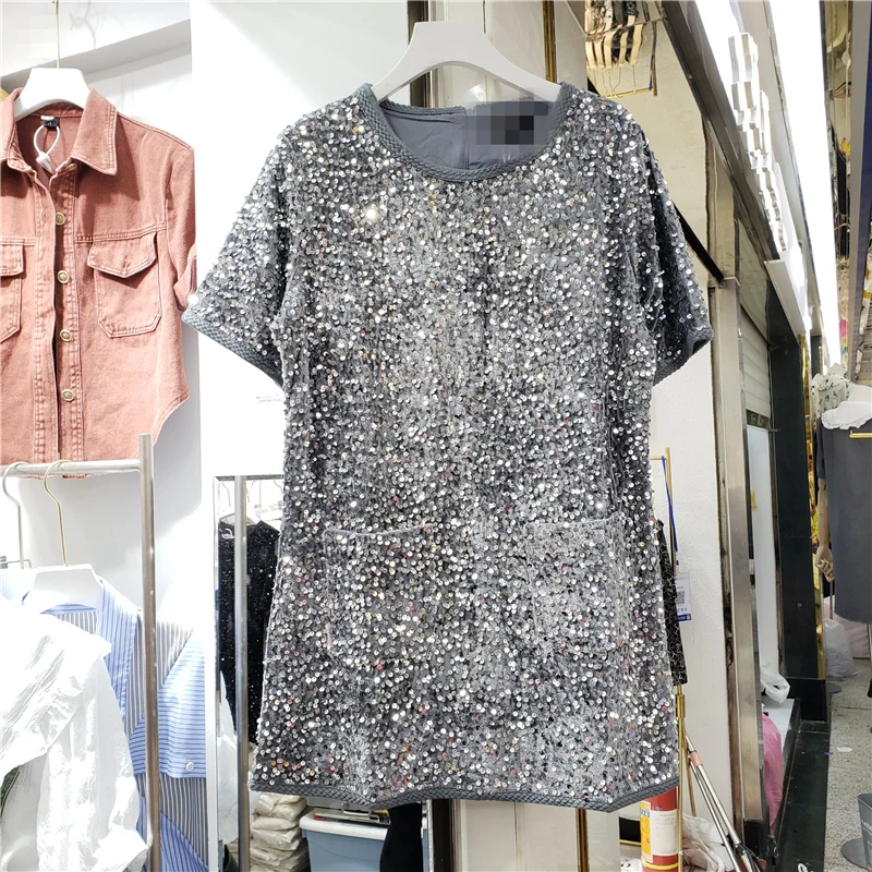 

SeeBeautiful Loose Mini Dress Sequins Patchwork O Neck Short Sleeve Pockets Women Summer 2022 New Fashion Tide Q496
