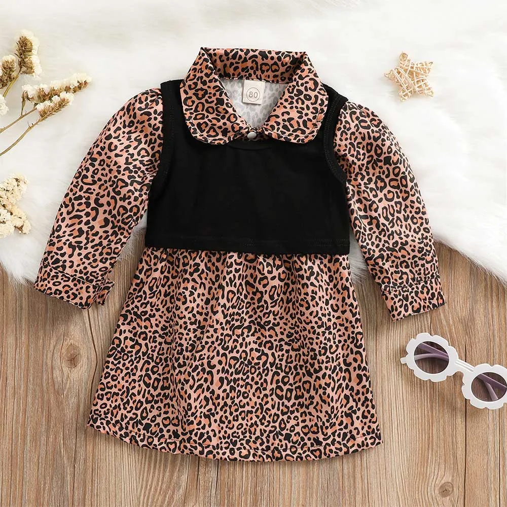 

Keelorn Baby Girl Outfit 2022 Autumn and Winter Fashion Leopard Print Dress Black Vest Two-piece Set for Kids Boutique Clothing