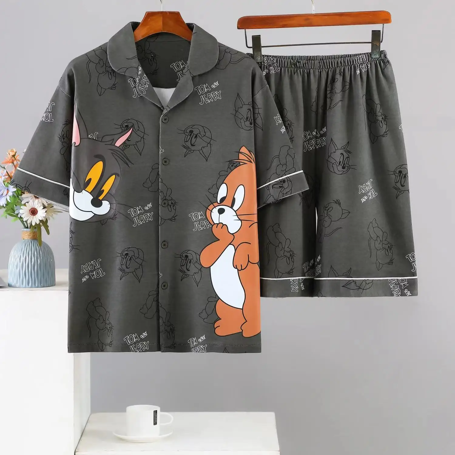Man Large Size Pajamas Set Japanese Style Summer Thin Pyjama Anime Cartoon Mouse Bear Cute Sleepwear Room Suit for Young Men Ins