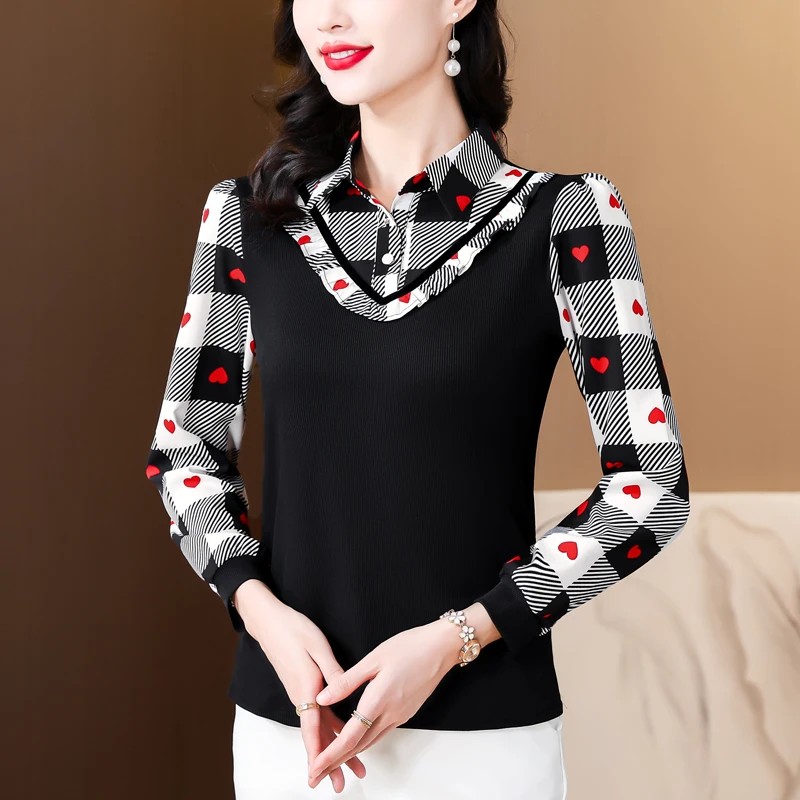 

Women Clothing Spring Autumn Knited Blouse Office Lady Fake Two-piece Plaid Patchwork Knit Shirt Retro Turn-down Collar Tops