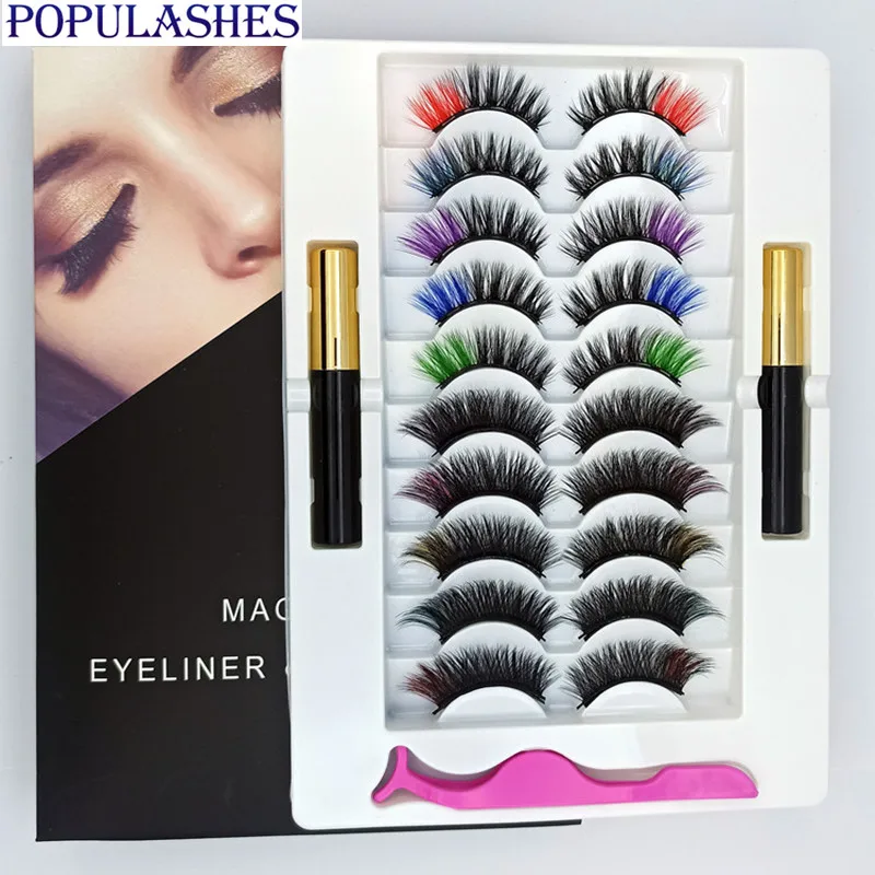 

Ten Pairs Of Colored Magnetic False Eyelashes and Liquid Eyeliner Tweezers Mixed Set Magnet Natural Thick Fake Eye Lash Makeup