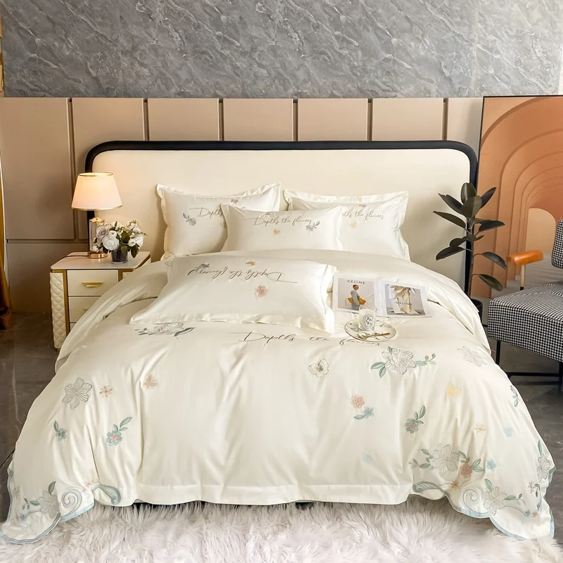 

Chic Flowers Embroidery Luxury Bedding 1000TC Egyptian Cotton Soft Silky Quilt Cover Set Flat/Fitted Sheet With Pillowcases
