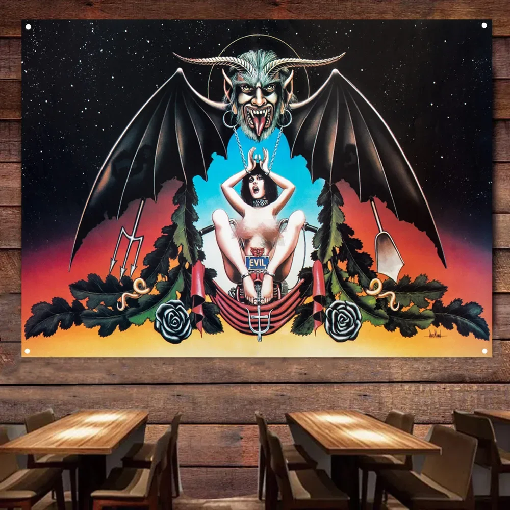 Демон и Девушка Мотоцикл Картина Баннер Настенный Флаг Для Гаража Ретро Бар