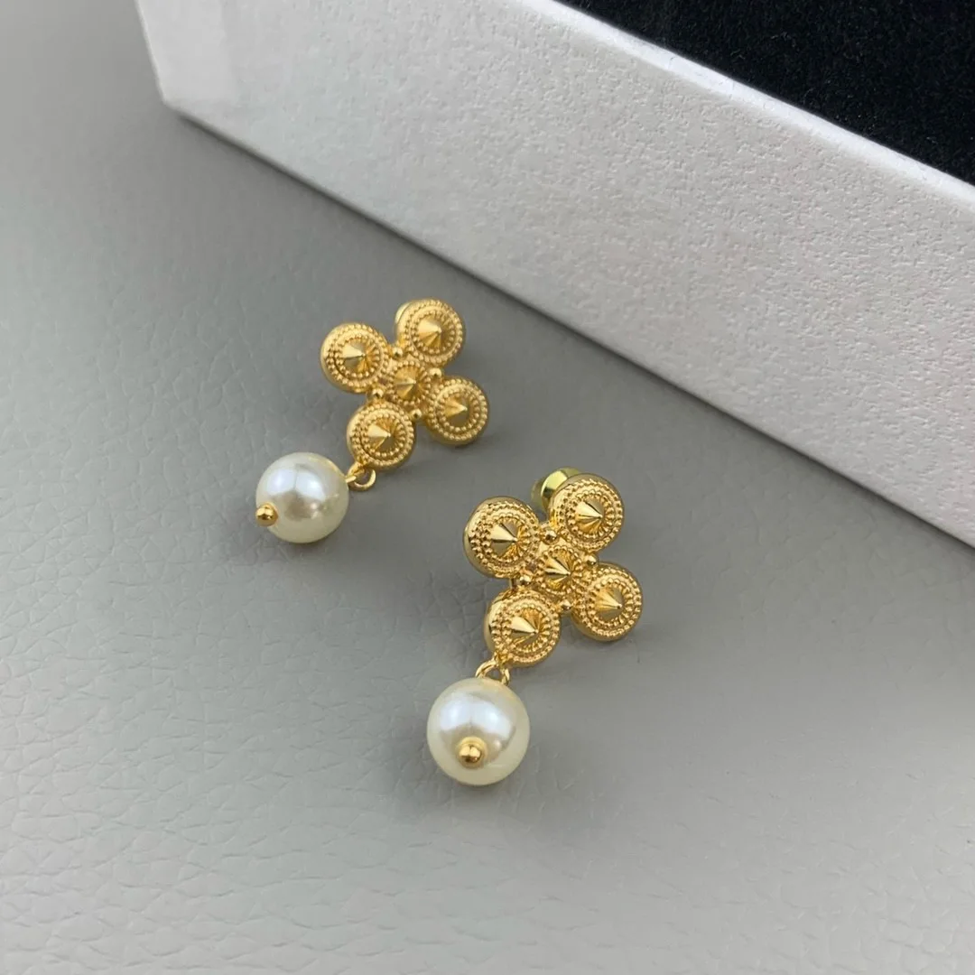 

Meteor Gold-Plated Cross Pearl Frosty Style Earrings Women's New Retro Minority Design Pendant Pearl Earrings
