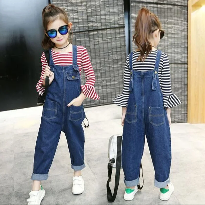 

2022 Autumn Baby Girls Fashion Cute Pocket Overalls Teenager Kids Children Loose Blue Suspender Strap Pants