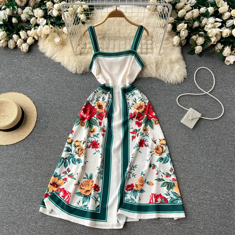 

Elegant Waist-slender Party Dress Retro Floral Dresses Sexy Mid-length A-line Skirt Printed Dress Vestidos Femme Robe