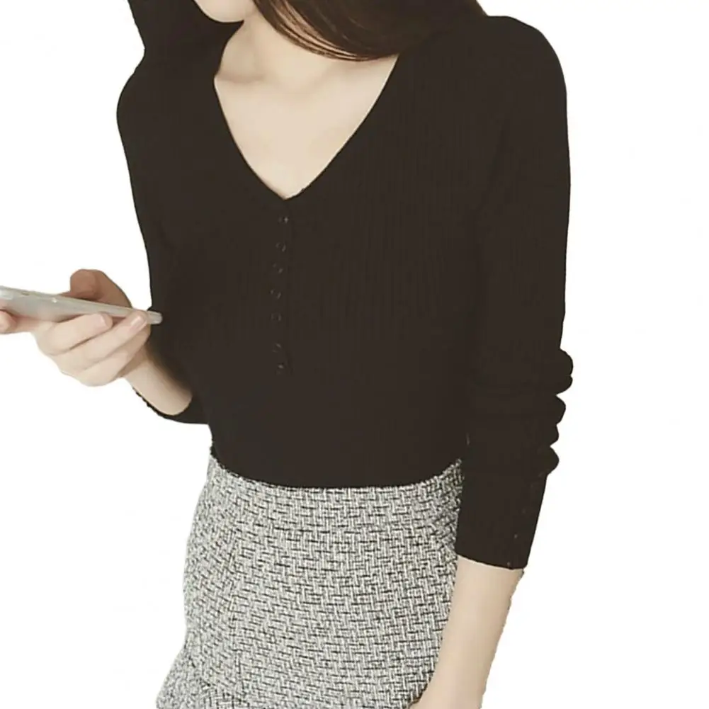 

Женская трикотажная блузка на пуговицах, однотонный облегающий эластичный пуловер с длинным рукавом и V-образным вырезом, модная Дамская блузка на осень