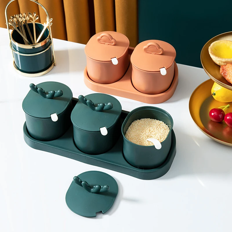 

Spices Jar Set with Lid and Spoon Salt Seasoning Organizer Box Condiment Bottle Spices Jar Set with Lid and Spoon Kitchen Supply