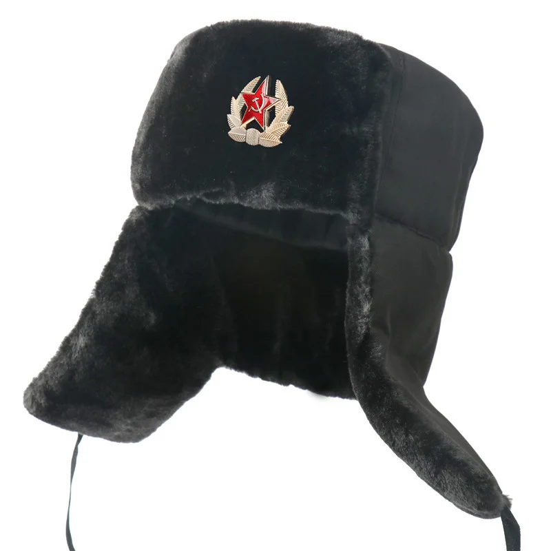 Ushanka-Sombrero ruso de piel para invierno, gorro de soldado extraíble, cazador, Sombreros con orejeras, aviador con emblema de estrella roja