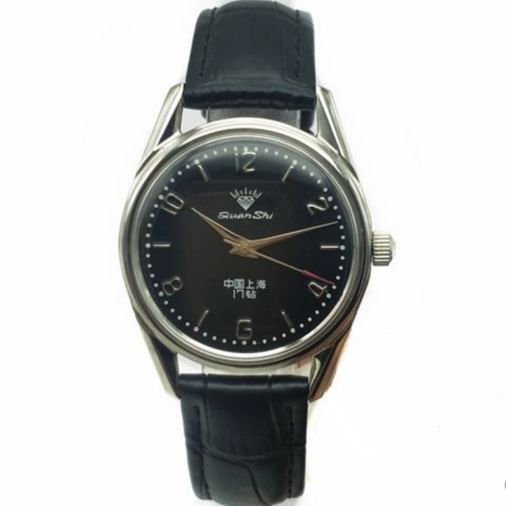 

Shanghai Diamond Brand Genuine Men's Manual Mechanical Watch Big Digital Stainless Steel Retro Leather Male Clock Relogio