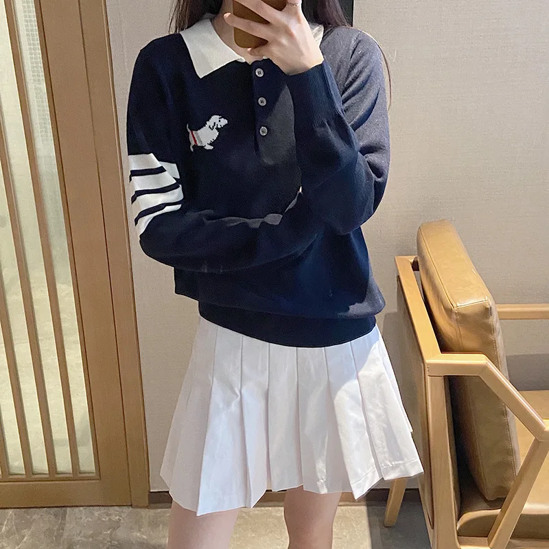 

High Quality Korean Style TB College Back Cartoon Dog Hair Lapel Sweater Women's Striped Wool Sweater