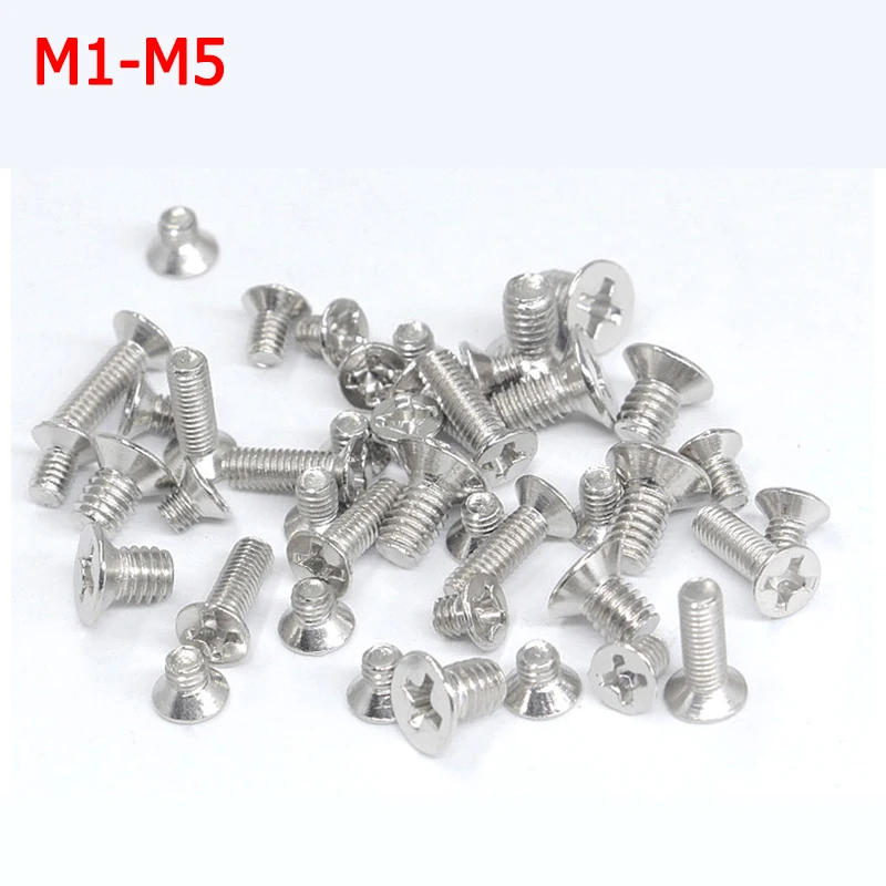 

Плоский винт Phillips M1 - M5 Mini Micro, маленький, небольшой, никелированный, крестообразный, с потайной резьбой