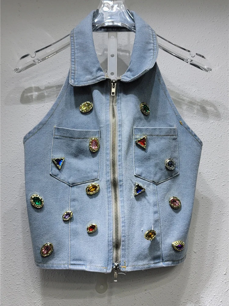 

Женский джинсовый жилет на бретельках со стразами, откровенный короткий топ без рукавов с открытой спиной и двойной молнией, лето 2023