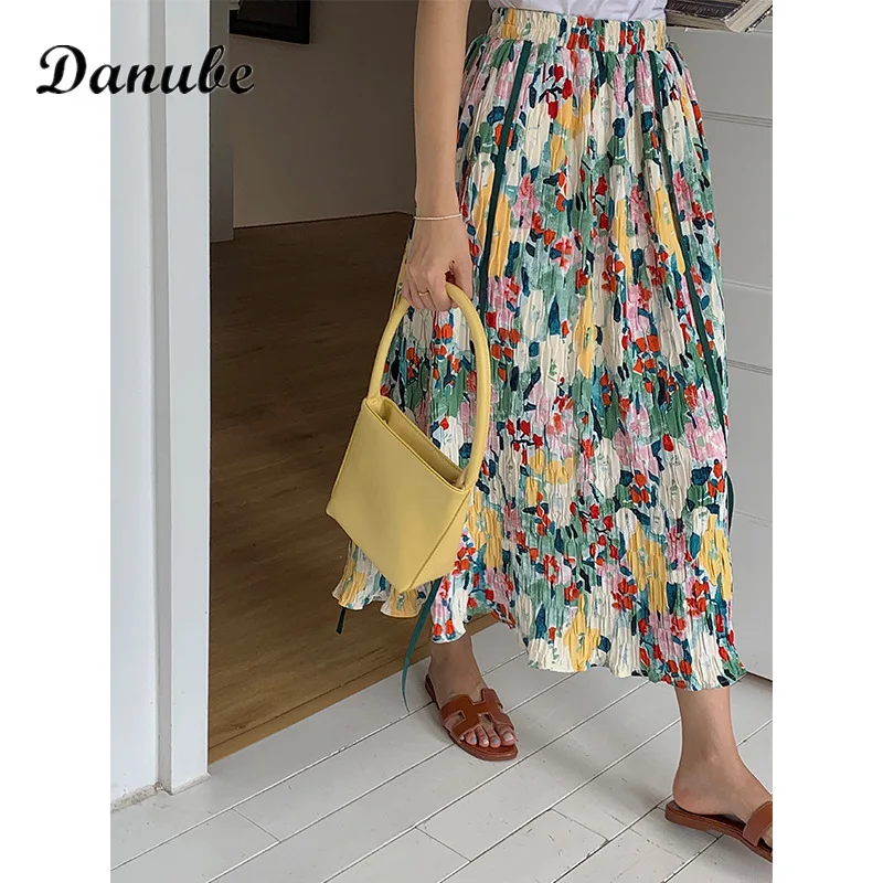 

Vintage Floral Pleated Long Skirts Women Korean Style Summer Elegant Elastic High Waist Midi Skirt Female Harajuku A-Line Skirts