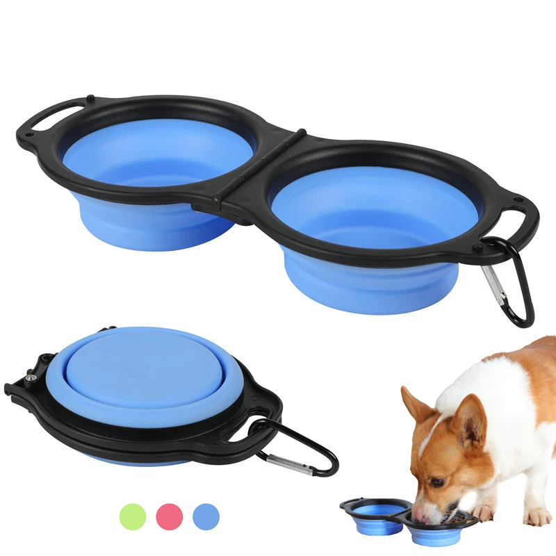 

Collapsible Dog Bowl 2 In 1 Expandable Portable Pet Feeder Silicone Puppy Food Water Double Bowl Cat Dish Carabiner
