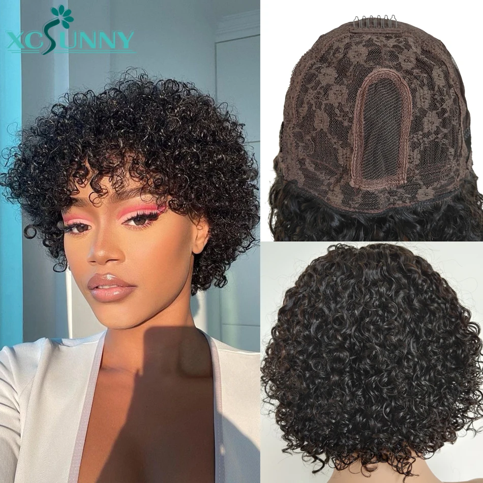 

Curly Human Hair Wig With Bangs 1x2.8 HD Lace Top Bang Wig Machine Made Water Wave Wig Remy Brazilian Short Curly Bob Wig