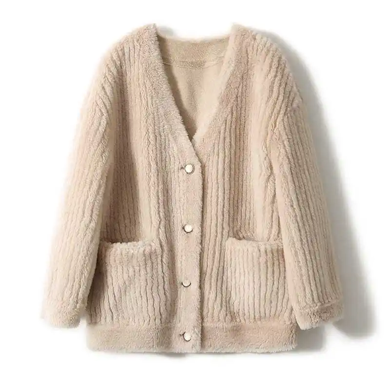 Parkas Women's Outdoors Coats 2022 Winter Faux Fur Cashmere Single Breasted Splicing V-Neck Cardigan Casual Warm Jackets Woman